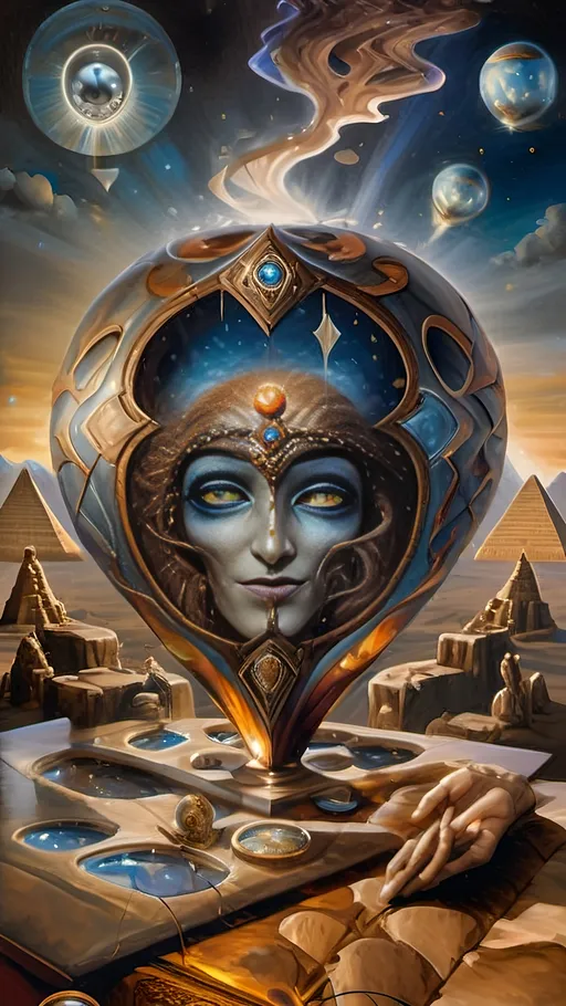 Prompt: masterpiece (oil painting), stunning hot air balloon labeled "7 Wonders Art Glass Studio", adorned with an intricate depiction of a snake, ethereal sky background filled with shimmering stars and planets, illuminating deities Nuit and Horus, soaring above the ancient Great Pyramids, symbolizing the wisdom of Thoth, vibrant colors, enchanting atmosphere, ultra-detailed, high quality.