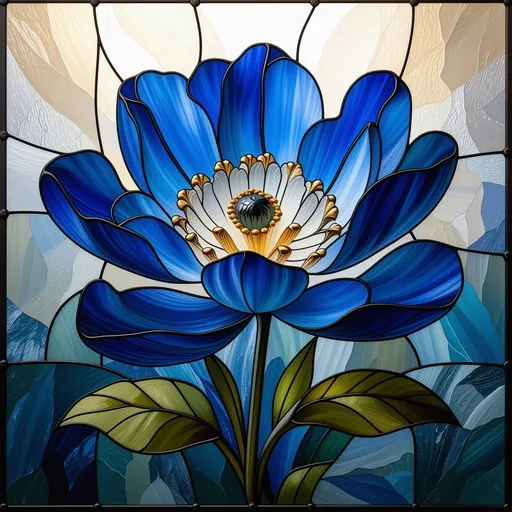 Prompt: (A Seven Wonders Art Glass Studio stained glass window), featuring a radiant flower at its center with lush blue petals, heightening the vibrant colors of intricate designs. (Exquisite detail), showcasing the beauty of the arts and crafts movement and sentence Baroque style, enveloped in softly diffused light. (Ultra-detailed, high quality), emphasizing rich textures and patterns for a breathtaking visual impact.