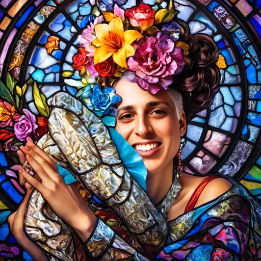 Prompt: (character portrait), (woman in a vibrant colorful dress), (flowers in her hair), intricately designed stained glass window backdrop, inspired by David LaChapelle’s style, rococo elements, richly detailed colors, dramatic light play, ultra-detailed, high resolution, evocative and artistic ambiance, visually captivating composition, promoting beauty and elegance.