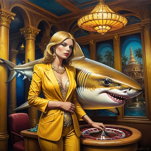 Prompt: a 7 Wonders Art Glass Studio oil painted masterpiece of a shark in a yellow suit with a shark head on his head and a casino in background fantastic realism, loftis, a fine art painting.  Honors the Goddess Nuit.