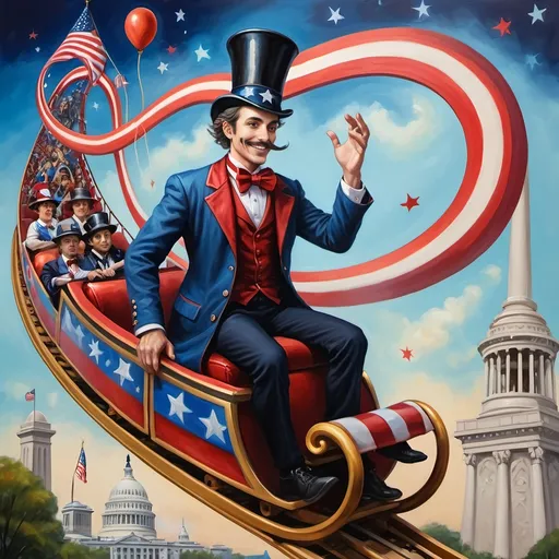 Prompt: (Acrylic painting of a magician man), wearing a (patriotic top hat), joyfully riding a (whimsical rollercoaster) in Liberty Park, with (HD details), vibrant colors, and enchanting motifs. The scene features the (Washington Monument) in the background, as well as the phrase (accurately spelled text "Yankee Doodle"). An aura of celebration and magic surrounds the image, honoring Nuit and the Aeon of Horus.