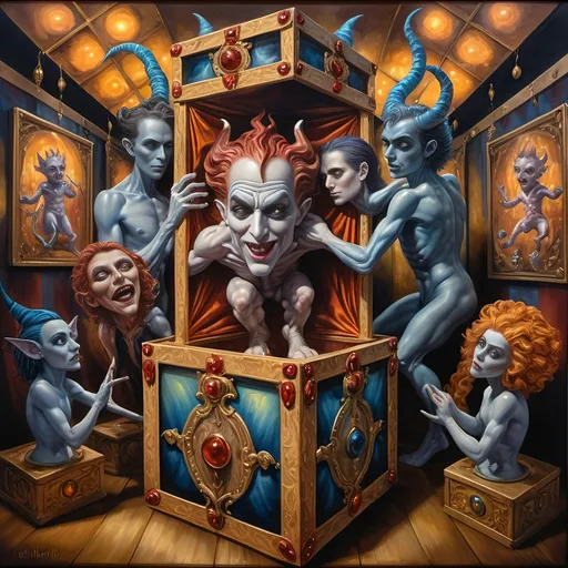 Prompt: (7 Wonders Art Glass Studio), (oil painting), demons as jack-in-the-boxes, circus setting, (highly detailed), (ultra-fine details), esoteric ambiance, dark and mysterious atmosphere, surreal colors, intricate textures, curiosity sparks, vivid contrasting shadows, ethereal lighting, artistically whimsical exhibits, hauntingly beautiful, capturing the essence of Nuit.