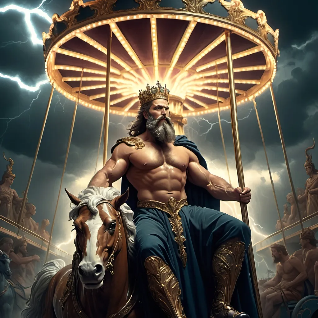 Prompt: (Art Deco style), richly (dark color scheme), depicting Zeus, a bearded man, wearing a crown, holding a pole on a carousel, dramatic (lightning in the background), (fantasy art), (highly detailed digital painting), a masterpiece by Bastien L. Deharme, atmospheric, immersive, captivating details, exquisite textures, ultra-detailed portrait, cinematic depth, electrifying ambiance.