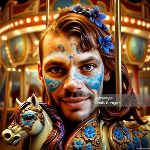 Prompt: (woman riding a carousel), vibrant blue flowers in her hair, magical atmosphere, (Dirk Crabeth style), whimsical charm, (pop surrealism), captivating colors, ultra-detailed digital painting, enchanting horses uniquely designed, (dreamy ambiance), soft lighting creating a magical glow, accompanied by abstract swirling patterns in the background, (HD).