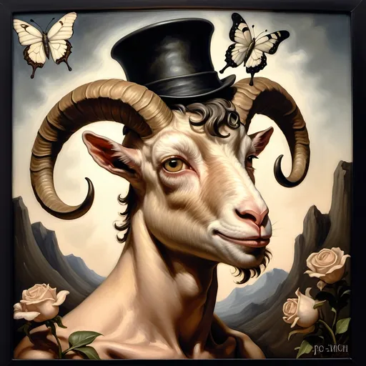 Prompt: A Seven Wonders Art Glass Studio oil masterpiece painting of a goat with a top hat and flowers on its head and a butterfly honoring Nuit.  Commissioned Spring Equinox 1467 Renaissance pop surrealism, pj crook, a detailed painting