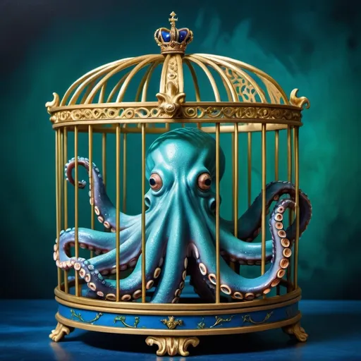 Prompt: (octopus in a cage), (gold crown on top), vibrant blue background, rich green backdrop, surrealist sculpture, infused with quirky elements, Craola’s artistic style, pop surrealism, imaginative atmosphere, captivating and whimsical vibe, highlights of intricate details, ultra-detailed composition, high-quality visual.