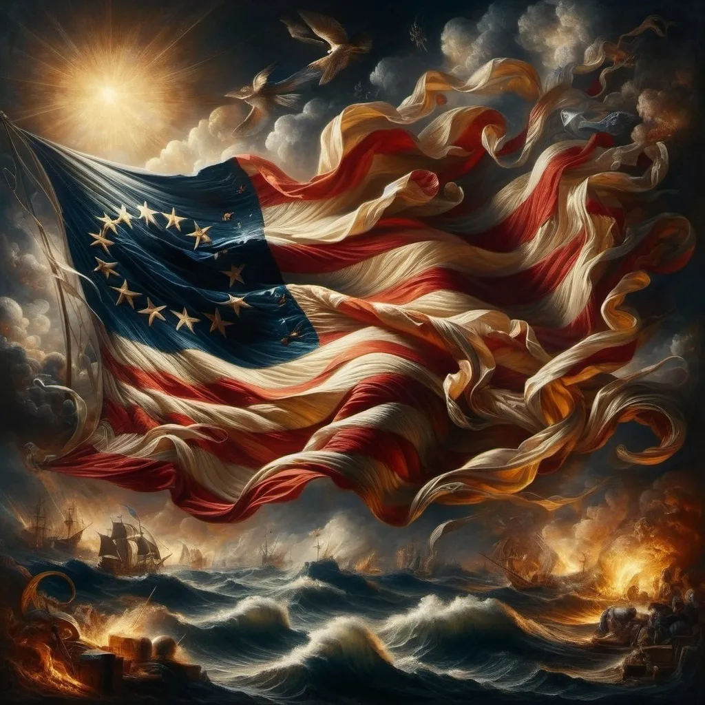 Prompt: a painting of an american flag flying over a boat in the ocean with a bird flying over it and a ship in the background, Anne Stokes, american scene painting, highly detailed oil painting, a fine art painting