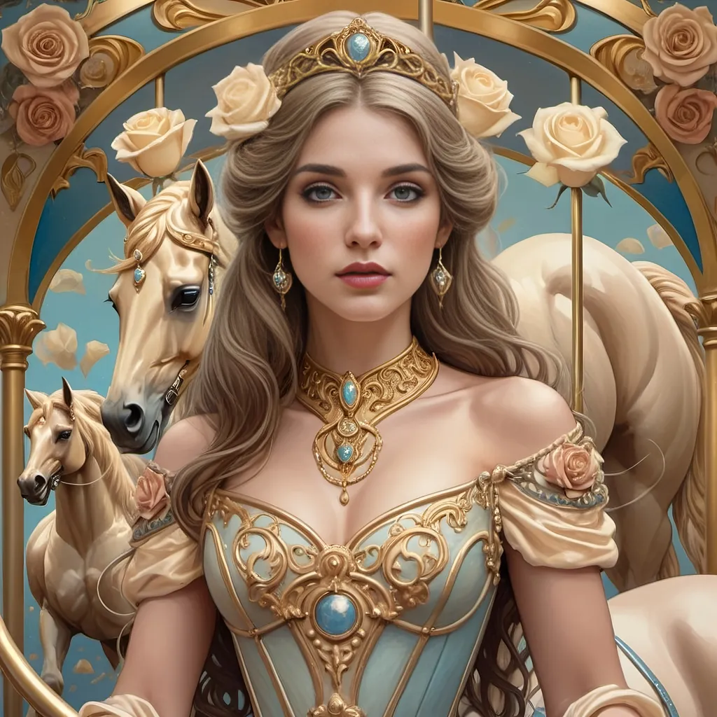 Prompt: (Art Nouveau carousel), (woman with horse), (roses on carousel), dreamy pastel color scheme, lavish swirls and intricate details, bold gold and azure tones, ethereal atmosphere, magical ambiance, enchanting background with a softly lit sky, serene and elegant mood, (highly detailed artwork), reminiscent of the 7 Wonders Art Studio style, whimsical elements capturing the essence of Nuit's honor.