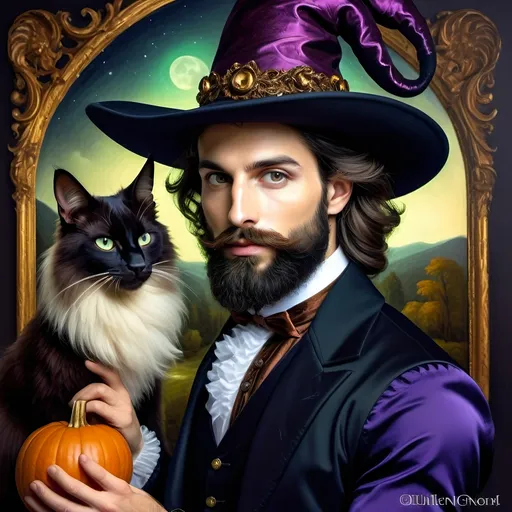 Prompt: (honoring Nuit), captivating handsome man magician with an elegant beard, wearing a pointed witch hat, (renaissance baroque painting style), facial features highlighted in detail, dark mystical background that enhances the allure, rich deep colors creating dramatic contrast, elements of Halloween celebration subtly interwoven, inviting an atmosphere of enchantment and mystery, ultra-detailed, a captivating masterpiece.