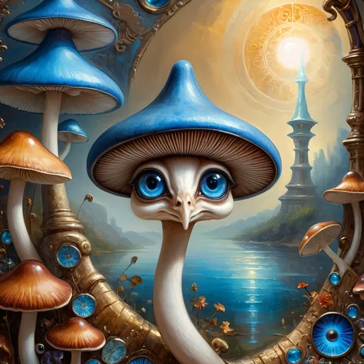 Prompt: (7 Wonders Art Glass Studio masterpiece oil painting), a magical mushroom, blue shell, blue eye (Eye of Horus), enchanting atmosphere, vibrant colors, surreal details, whimsical elements, mystical background, soft lighting, HD resolution, captivating composition, dreamlike surroundings, colorful expression, intricate textures, nature-inspired themes, rich artistic depth, alive with creativity.