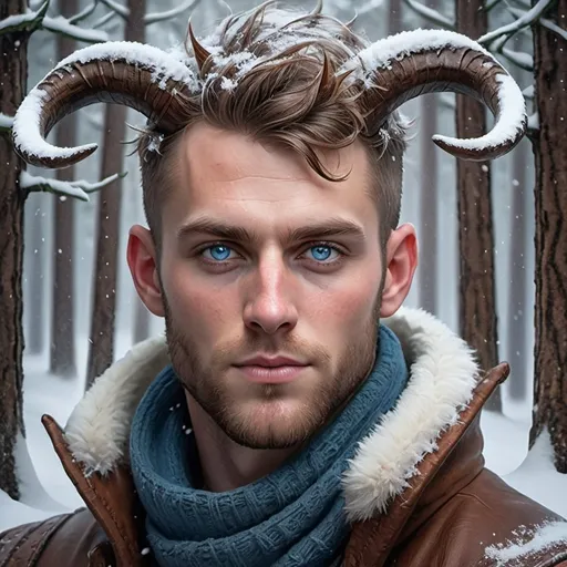 Prompt: a man with horns and blue eyes in a snowy forest with fir trees and snowflakes on his face, Evan Charlton, fantasy art, epic fantasy character art, a character portrait