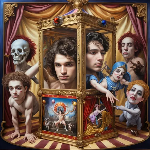 Prompt: A Seven Wonders Art Glass Studio oil masterpiece painting honoring Nuit.  Pandora’s Magical Music Box of carnival and circus freaks.  highly detailed oil painting, an ultrafine detailed painting