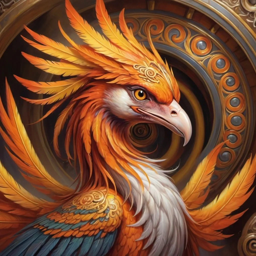 Prompt: a painting of a bird phoenix with orange and yellow feathers on it's head and wings, with a spiral design on its body, Anne Stokes, fantasy art, highly detailed digital art, an airbrush painting in front of a carousel