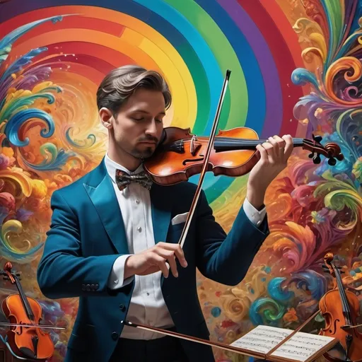 Prompt: (Hearing in Color), art deco style, vibrant color scheme, (complex rainbow swirl) background, painting of a man playing violin, intricate items surrounding him, (renaissance still life) elements, (music flowing as a rainbow), dynamic movement, mixing visual art with sound, hyper-detailed, rich textures, cinematic ambiance, enchanting atmosphere, (4K ultra-detailed quality), colorful symphony of sight and sound.