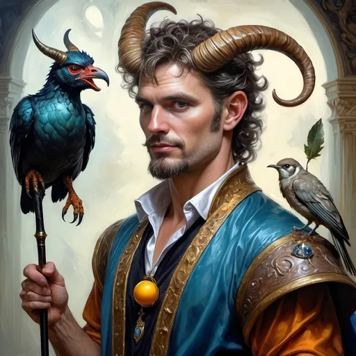 Prompt: A fine art oil painting by Seven Wonders Art Glass Studio is a magician man transforming with a horned head and a bird on his shoulder holding a cane and a ball in his hand, Clint Cearley, fantasy art, fantasy character portrait, a character portrait.  Honors Pan and Nuit.