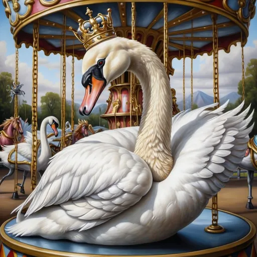 Prompt: a white swan on a carousel with a crown on its head and a gold chain around its neck and neck, Anne Stokes, pop surrealism, highly detailed oil painting, an ultrafine detailed painting