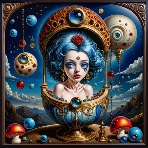 Prompt: (7 Wonders Art Glass Studio masterpiece), oil painting, (honoring Nuit), magical mushroom, blue shell, blue eye (Eye of Horus), vibrant colors, dreamy atmosphere, intricate details, mystical background with swirling galaxies, ethereal glow illuminating the mushroom, (ultra-detailed), high quality, enchanting and enchanting ambiance.