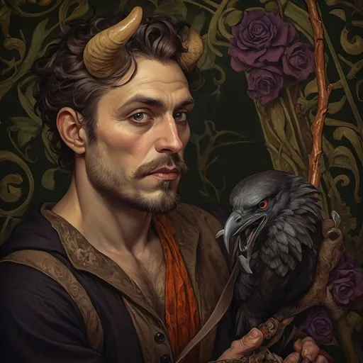 Prompt: (Renaissance still life), (art nouveau style), (vibrant color scheme), (elegant pose), (man magician satyr with horns), (holding a cane topped with skull of orc), (crow perched on his shoulder), (intricately designed), (dramatic shadows), (lush textures), (highly detailed), (atmosphere full of mystique)