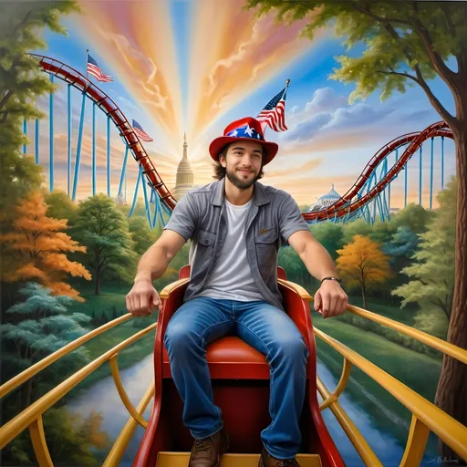 Prompt: A masterpiece painting by A Seven Wonders Art Glass Studio, (vibrant colors), depicting a man in a (patriotic hat) riding the (Freedom rollercoaster) in D.C.’s (new amusement park) named Freedom Park. The background features (dynamic amusement park rides), (lush greenery), and the spirit of (freedom) runs throughout. A symbolic homage to Nuit, with a (breathtaking sky) above, featuring (warm light) detailing and a victorious atmosphere, encapsulated in (ultra-detailed) art.