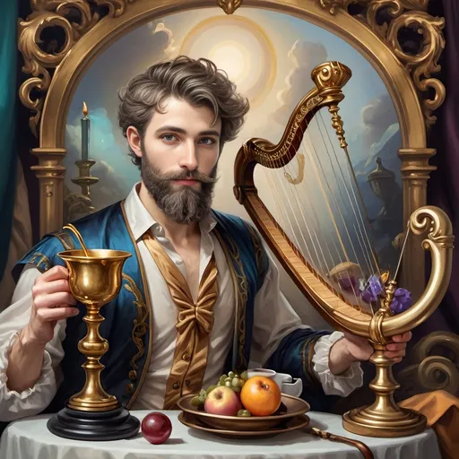 Prompt: (oil painting) Honoring Nuit, a man with a (wisdom-filled beard) holding a harp and a (rich) cup of wine, next to a (gilded golden cup), Ditlev Blunck's artisanal touch, (neoclassical elegance) with (Flemish Baroque influences). The atmosphere reflects reverence and beauty, drenched in (warm, golden tones), evoking the essence of a (divine encounter) that captures a mortal honoring the God Pan. Ultra-detailed, quintessential classical painting.