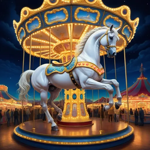 Prompt: (dynamic carousel scene), (white horse) elegantly perched atop, adorned with vibrant lights illuminating its sides, (David LaChapelle style), (pop surrealism), mesmerizing hues of deep blues and bright yellows enveloping the atmosphere, intricately designed structures surrounding the carousel, (ultrafine details), (high-quality digital painting), enchanting and whimsical ambiance, captivating details, soft glowing lights in a dreamlike setting.