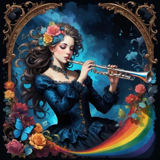 Prompt: Baroque style (rich and ornate elements), dark color scheme (deep blues and blacks), flute with flowing musical notes, vibrant rainbow backdrop, layered effects, (fantasy art), highly detailed digital art, intricate textures, storybook illustration quality, dramatic shadowing, whimsical atmosphere, enchanting, emotional depth, harmonious composition, captivating visual narrative.