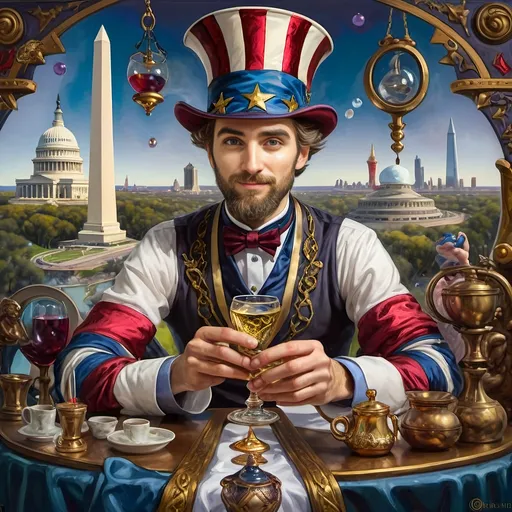 Prompt: A (masterful) Seven Wonders Art Glass Studio painting, depicting a (charming) magician man in a (patriotic) top hat, joyfully riding a rollercoaster in Liberty Park, featuring vibrant colors and whimsical elements, with a prominent Washington Monument in the background, intricately integrated with the phrase (accurately spelled text "Yankee Doodle"), all while encapsulating the theme of (honoring Nuit and the Aeon of Horus), ultra-detailed, colorful and dynamic atmosphere.