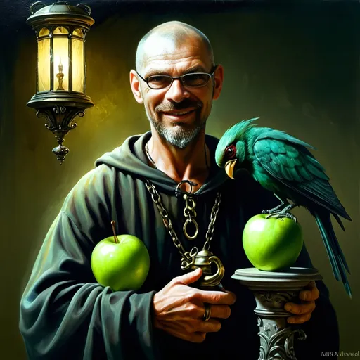 Prompt: (renaissance style), dark color scheme, a man with a horned head, a bird perched on his shoulder, holding a lamp in one hand, a green apple in the other, inspired by Esao Andrews, (highly detailed), fantasy art, character portrait, intricate details, rich textures, dramatic lighting, moody ambiance, ultra-detailed digital painting.