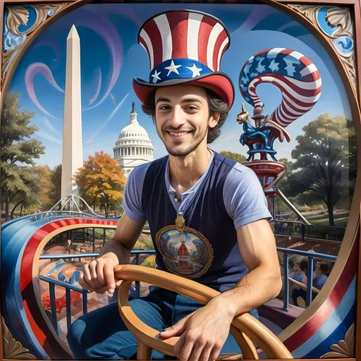 Prompt: A (masterful) Seven Wonders Art Glass Studio painting, depicting a (charming) magician man in a (patriotic) top hat, joyfully riding a rollercoaster in Liberty Park, featuring vibrant colors and whimsical elements, with a prominent Washington Monument in the background, intricately integrated with the phrase (accurately spelled text "Yankee Doodle"), all while encapsulating the theme of (honoring Nuit and the Aeon of Horus), ultra-detailed, colorful and dynamic atmosphere.