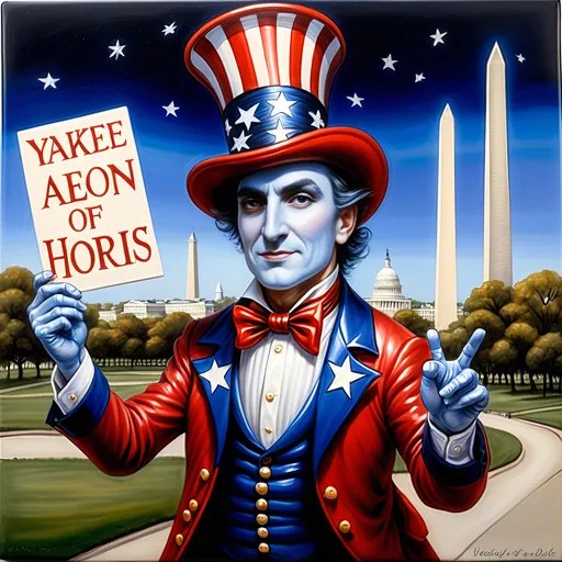 Prompt: A Seven Wonders Art Glass Studio painting of a magician man in a patriotic top hat holding a sign that says Yankee Doodle with a washington monument in the background (Honoring Nuit and the Aeon of Horus).