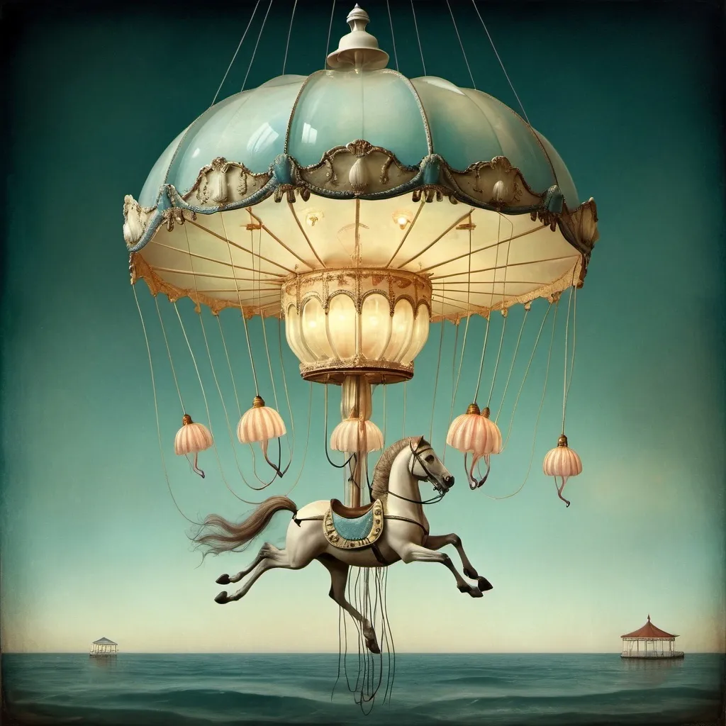 Prompt: a carousel with a jellyfish on it's side and a light bulb hanging from the top of it, Catrin Welz-Stein, magical realism, whimsical, a surrealist sculpture