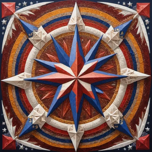 Prompt: (detailed painting), (symbolic star), vibrant colors of the United States, intricate symbols representing America, rich textures, depth in colors, blend of traditional and modern regionalism themes, expressing unity and diversity, profound visual storytelling, captures the essence of American identity, ultra-detailed, a masterpiece celebrating the spirit of the nation.