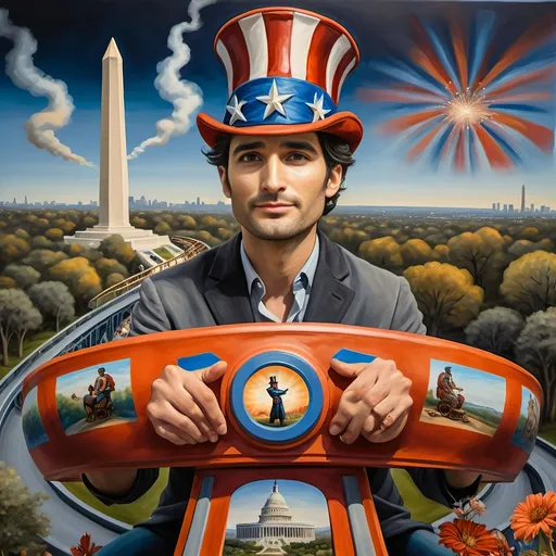 Prompt: (Acrylic painting of a magician man), wearing a (patriotic top hat), joyfully riding a (whimsical rollercoaster) in Liberty Park, with (HD details), vibrant colors, and enchanting motifs. The scene features the (Washington Monument) in the background, as well as the phrase (accurately spelled text "Yankee Doodle"). An aura of celebration and magic surrounds the image, honoring Nuit and the Aeon of Horus.