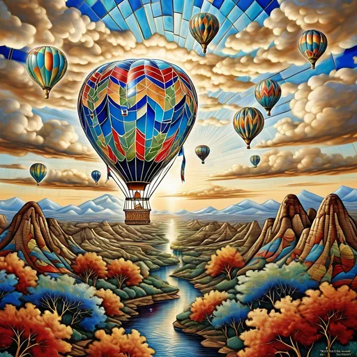 Prompt: (accurately spelled text "7 wonders art glass studio"), colorful hot air balloon, featuring vibrant and intricate patterns, whimsical design, with artistic elements of (cloisonnism), surrounded by a lush landscape, dazzling blue sky, dramatic fluffy clouds, inspired by (art deco) style, embodying elegance, ultra-detailed, HD quality, a captivating artwork showcasing creativity and joy.