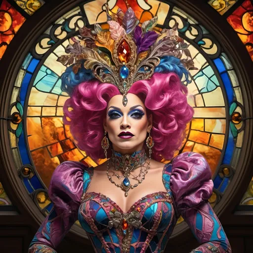 Prompt: (still life portrait), (stained glass artisan drag queen), (baroque style), highly detailed, brilliant colors, psychedelic patterns, intricate glass texture, warm lighting, decorative elements, ornate background, opulent ambiance, luxurious vibe, vivid contrast, ethereal atmosphere, artful composition, 4K quality, ultra-detailed, radiant reflections, artistic masterpiece.