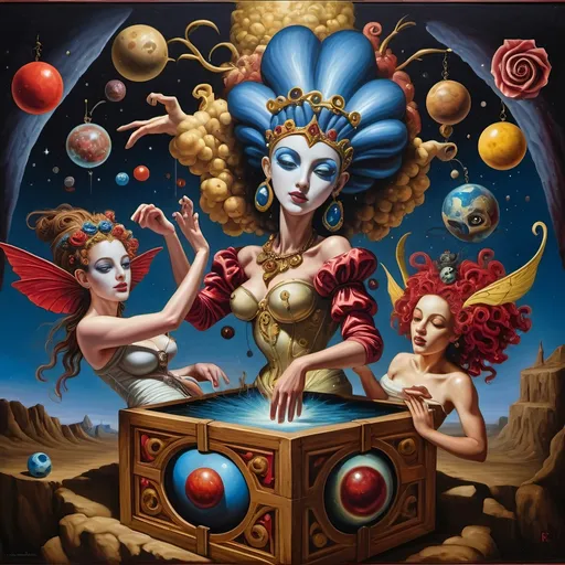 Prompt: (Renaissance oil painting), a stunning masterpiece capturing the essence of the Goddess Nuit, a whimsical Jack-in-the-Box emerging in ornate attire, sewing the seeds of the universe, planets swirling around, vibrant cosmic colors illuminating the canvas, intricate details, rich textures, playful yet profound ambiance, 4K ultra-detailed, an extraordinary blend of mythology and creativity celebrating the act of creation in a mystical setting.