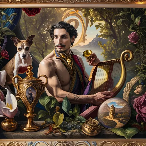 Prompt: (Seven Wonders Art Glass Studio), oil painting, (honoring Nuit), a man with a beard, holding a harp, glass of wine, golden cup beside him, (Ditlev Blunck), neoclassicism, classical painting, Flemish Baroque style, high detail, rich colors, warm glowing light, serene atmosphere, capturing tradition and reverence, elegant background with ethereal elements, ultra-detailed composition, masterful artistry.