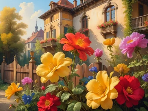 Prompt: (renaissance art style), vibrant color scheme, colorful flowers in a lush garden, wooden fence in the background, elegant building beyond, (rich vivid colors), (Flemish Baroque), enchanting ambiance, soft golden light, ultra-detailed petals glistening with dew, expressive and dynamic brush strokes, inviting atmosphere.