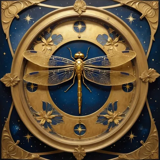 Prompt: (art nouveau style), dragonfly perched gracefully atop a golden clock, intricate detailing, (Brad Kunkle influence), surrounded by shimmering stars, a radiant star at the center, rich golds and deep blues enhancing the celestial theme, blending Egyptian art elements, dreamlike and whimsical atmosphere, highly detailed, (masterpiece) quality, evoking a sense of wonder and magic.