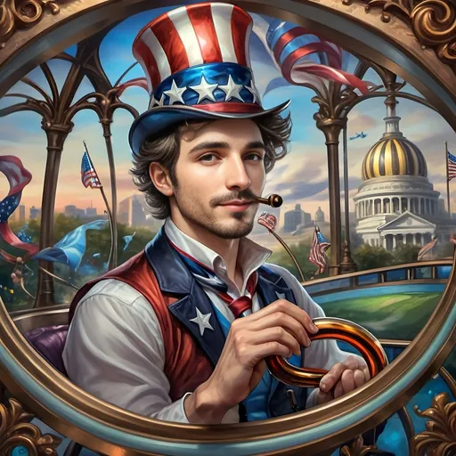 Prompt: (A Seven Wonders Art Glass Studio masterpiece) painting of a man wearing a patriotic hat, (thrilling pose) riding the Freedom rollercoaster, (vibrant colors), scenic background of Freedom Park in D.C., (dynamic movement), celebrating freedom, eternal spark of joy, whimsical ambiance, soft warm lighting, highly detailed, clarity, engaging and joyful atmosphere, surrounded by delighted visitors, landmarks in the distance.