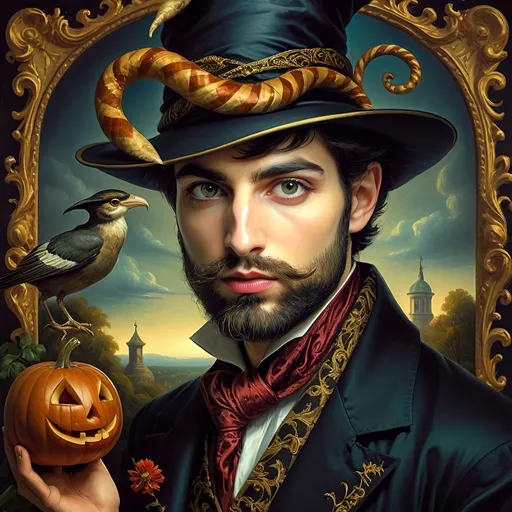 Prompt: (honoring Nuit), captivating handsome man magician with an elegant beard, wearing a pointed witch hat, (renaissance baroque painting style), facial features highlighted in detail, dark mystical background that enhances the allure, rich deep colors creating dramatic contrast, elements of Halloween celebration subtly interwoven, inviting an atmosphere of enchantment and mystery, ultra-detailed, a captivating masterpiece.