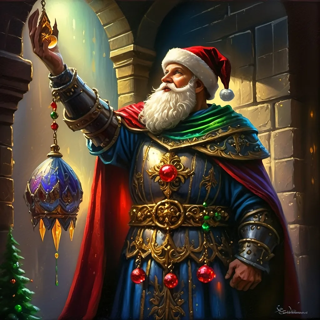 Prompt: An oil on canvas a knight dressed as a santa clause (in honor of Nuit) in a dark city with a light shining on him and a red cape, Ernest William Christmas, antipodeans, epic fantasy character art, concept art