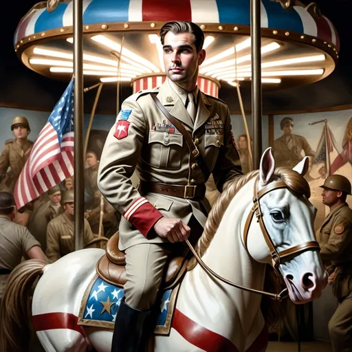 Prompt: A Seven Wonders Art Glass Studio oil renaissance painting of a man in military uniform riding on Carousel of Heroes.  Honors veterans and those serving in U.S. Military.  Honoring Nuit.  