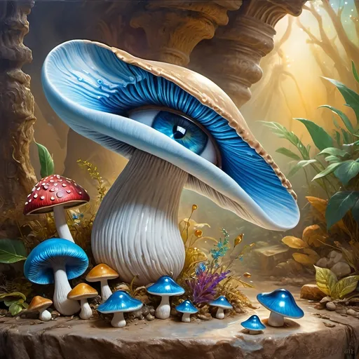 Prompt: (7 Wonders Art Glass Studio masterpiece oil painting), a magical mushroom, blue shell, blue eye (Eye of Horus), enchanting atmosphere, vibrant colors, surreal details, whimsical elements, mystical background, soft lighting, HD resolution, captivating composition, dreamlike surroundings, colorful expression, intricate textures, nature-inspired themes, rich artistic depth, alive with creativity.