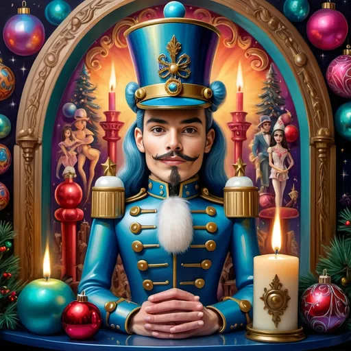 Prompt: (psychedelic nutcracker) with (vibrant color scheme), intricate candle and candle holder in front, surrounded by (Christmas decorations), inspired by (Anne Stokes), (pop surrealism) style, extremely detailed (oil painting), showcasing an enchanting festive atmosphere, swirling colors, and whimsical elements, soft glowing light effects creating a joyful and magical ambiance, (highly artistic) airbrush techniques, (ultra-detailed) vivid imagery.