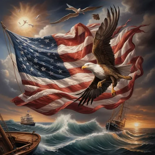 Prompt: (oil painting), (highly detailed), an American flag flying boldly, a boat gently rocking in the waves, an ocean brimming with vibrant colors, a bird soaring gracefully above, a distant ship on the horizon, capturing a classic American scene, by Anne Stokes, invoking a sense of freedom and adventure, ultra-detailed, artistic masterpiece.