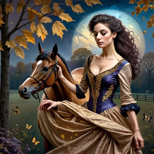 Prompt: (Honoring Nuit), highly detailed oil painting, thoroughbred horse, elegant posture, lush Kentucky farm, evening dusk setting, warm and vibrant hues, soft golden light reflecting off the horse’s coat, scenic rolling hills in the background, tranquil ambiance, serene atmosphere, ultra-detailed, masterpiece quality, evocative emotional tone, captivating and luminous sky blending soft pinks and deep purples, harmonious nature scene.