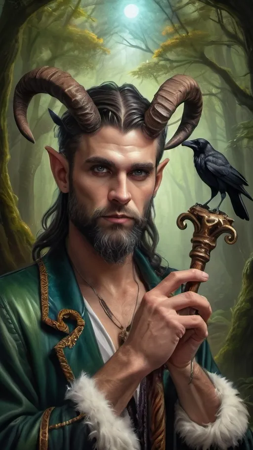 Prompt: (man satyr magician with horns, a crow on his shoulder, holding a cane, fantastical attire, (intricately detailed), (moody ambiance), deep colors, vibrant lighting, fantasy art style, iconic of Anne Stokes, (epic fantasy character portrait), atmospheric background of an enchanted forest, high-quality, ultra-detailed, emotional and mystical theme)