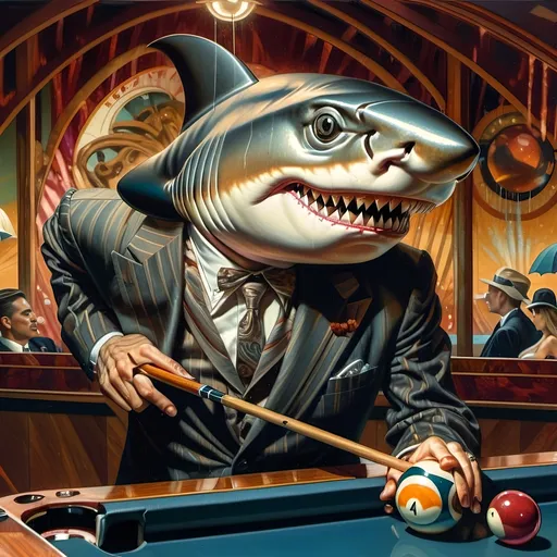 Prompt: a shark in a suit playing pool with a pool cueil and a pool ball in front of him, F. Scott Hess, pop surrealism, classical painting, a fine art painting y 7 Wonders Art Glass Studio honoring Nuit