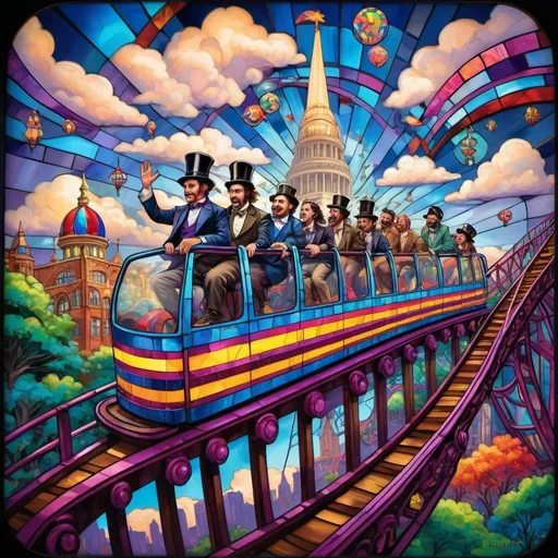 Prompt: (psychedelic art style), magicians riding a roller coaster, vibrant color scheme, whimsical atmosphere, capturing surprise photos,  intricate fine details, amusement park titled "Liberty Park" in D.C., stunning stained glass coaster, fantastical clouds floating, kaleidoscopic visuals, surreal happiness, exciting energy, high contrast colors, ultra-detailed, dreamlike scenery, bountiful whimsy, inviting yet thrilling ambiance.